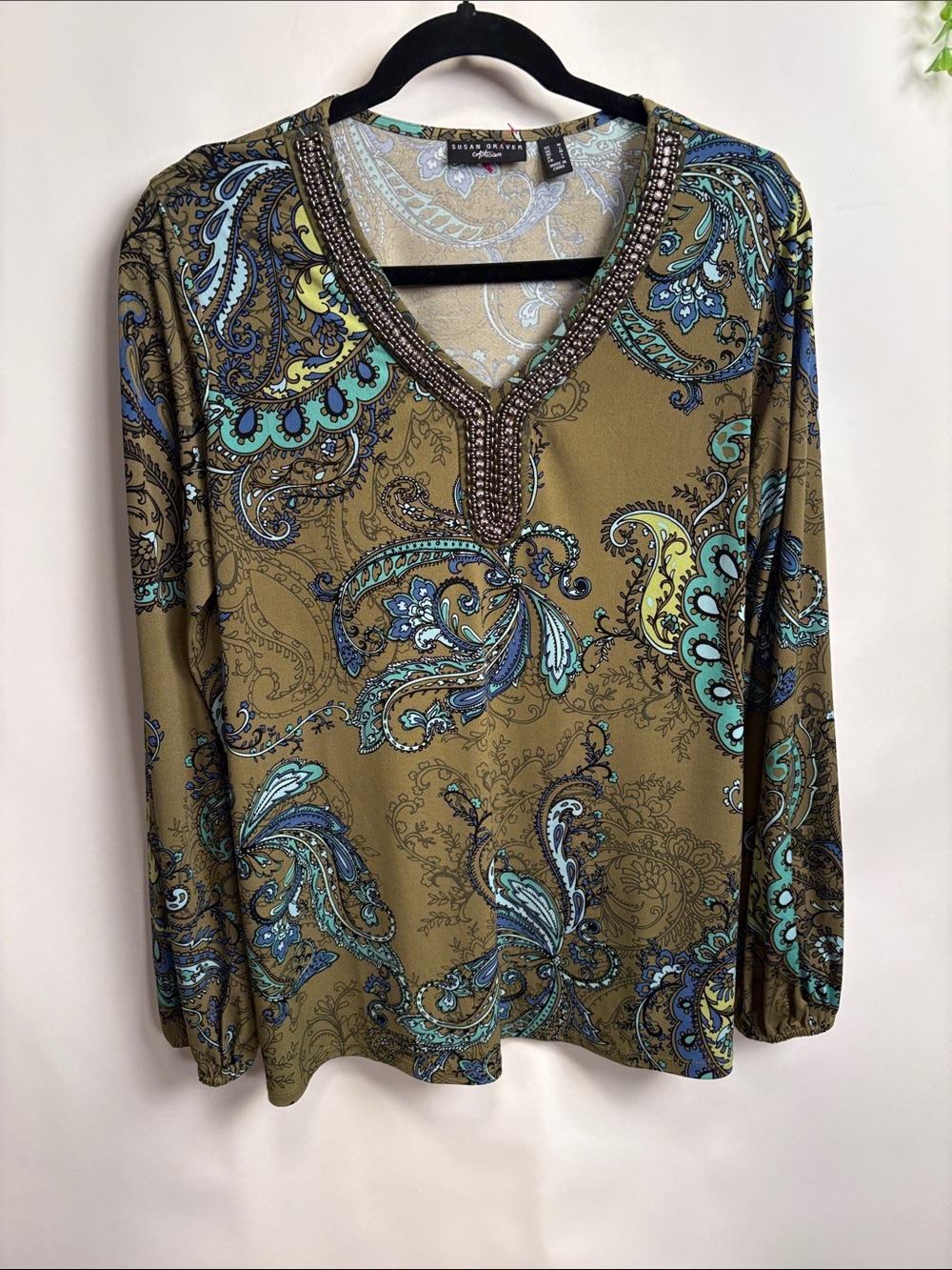 Susan Graver Olive Paisley Long Sleeve V-Neck Top with Beaded Trim
